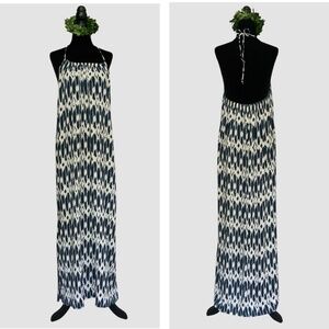 J Crew NWOT Blue White Boho Ikat Backless Maxi Halter Sun Dress Size M